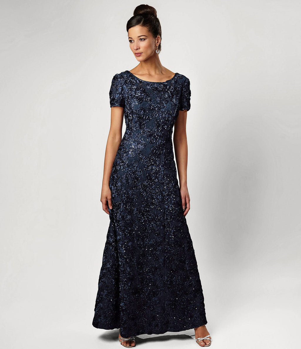 Alex Evenings Petite Rosette Lace A-Line Gown Navy D287234