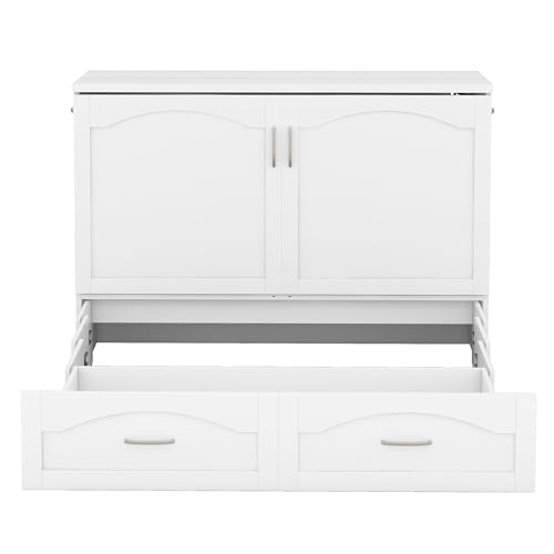 Queen Size Murphy Wall Bed with Storage and Bookcase Headboard, Solid Wood, White F901
