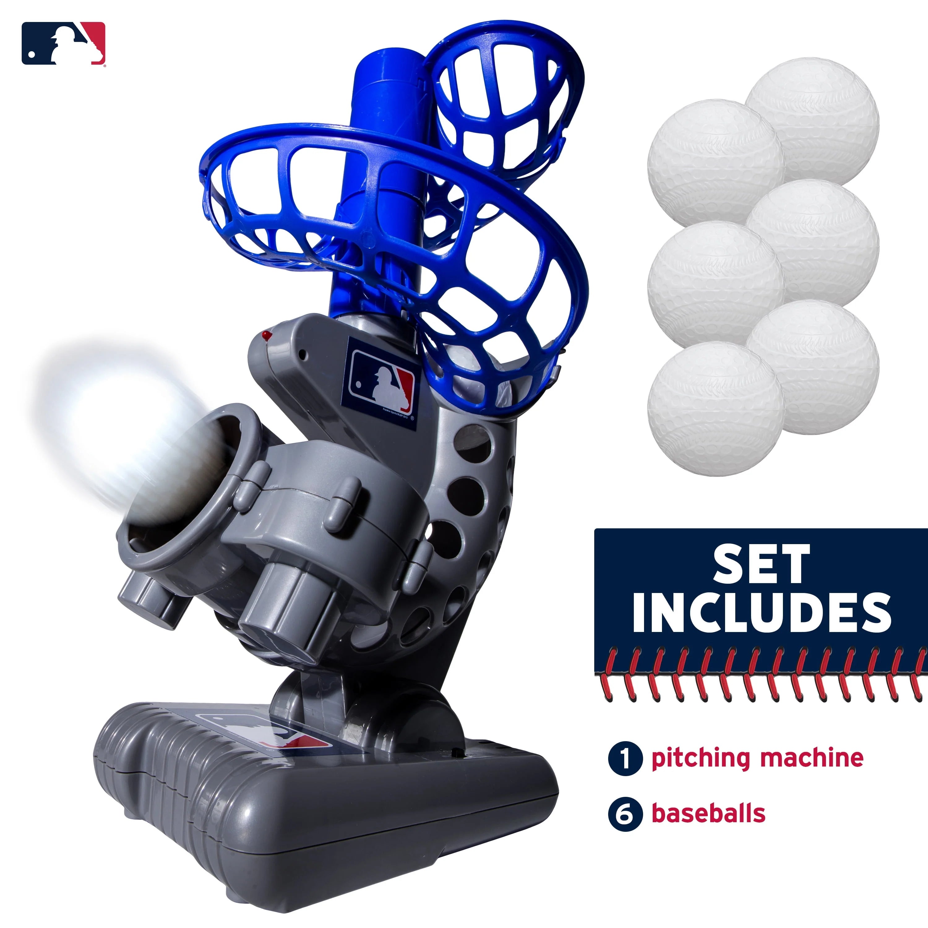 Franklin Sports Kids Baseball Pitching Machine Height Adjustable with 6 Plastic Balls, Grey/Blue U92360