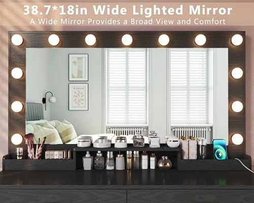 White Vanity Desk with Lights and Large Mirror F430