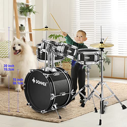 Donner 5-Piece Kid Drum Set for Beginners, 14 Inch Full Size, Metallic Black H8038