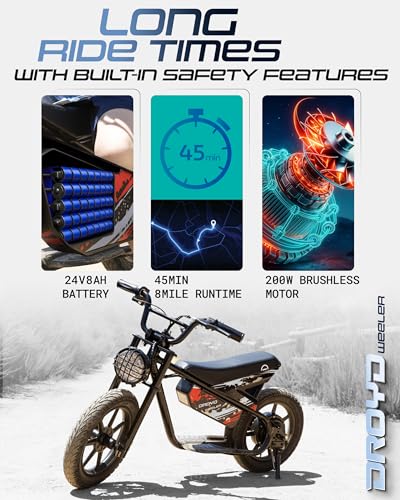 Droyd Weeler Electric Mini Bike for Kids, 200W Motor, 24V 8Ah Battery, Ages 6+ G9123