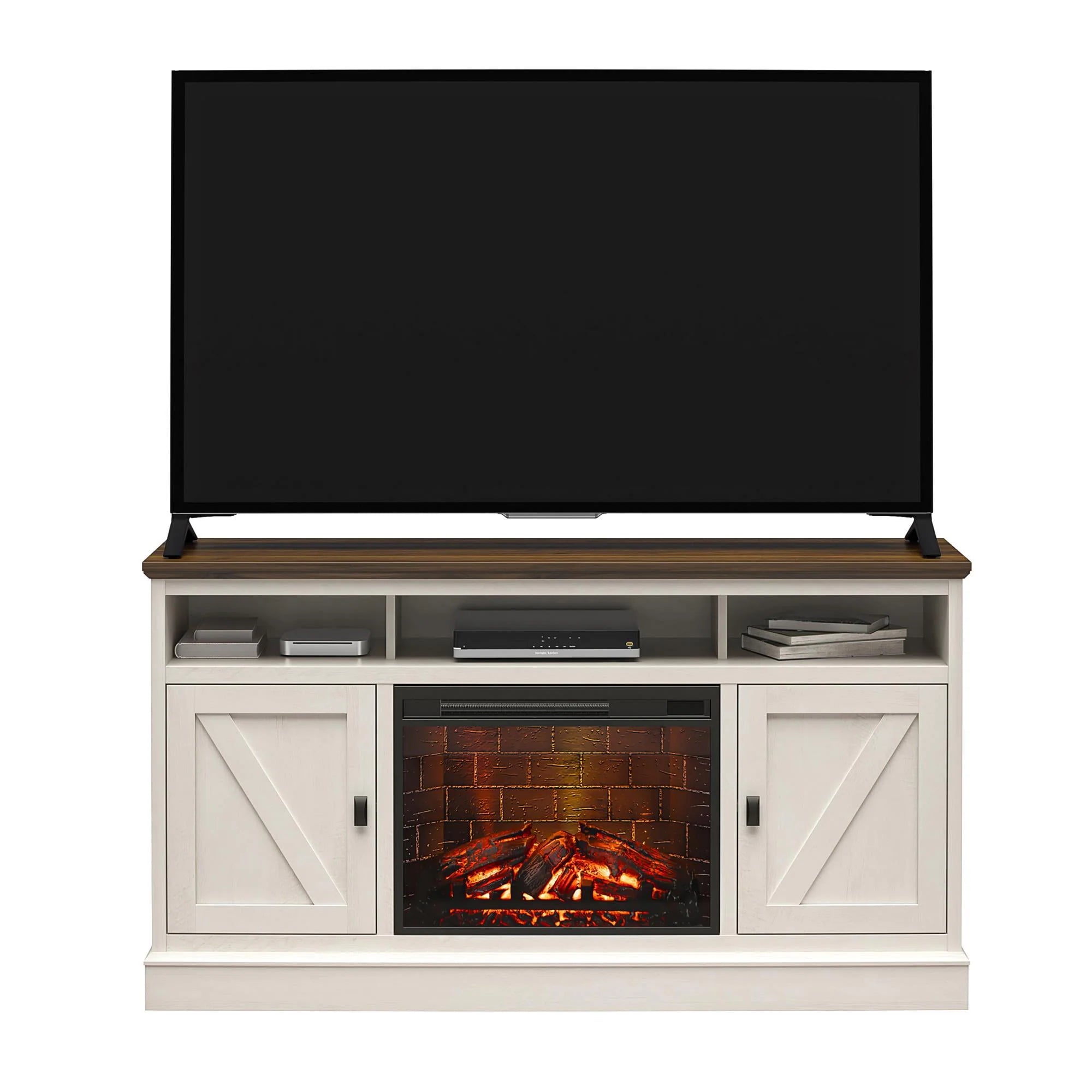 Ameriwood Home Ashton Lane Electric Fireplace TV Stand for TVs up to 65, Black Oak D206311