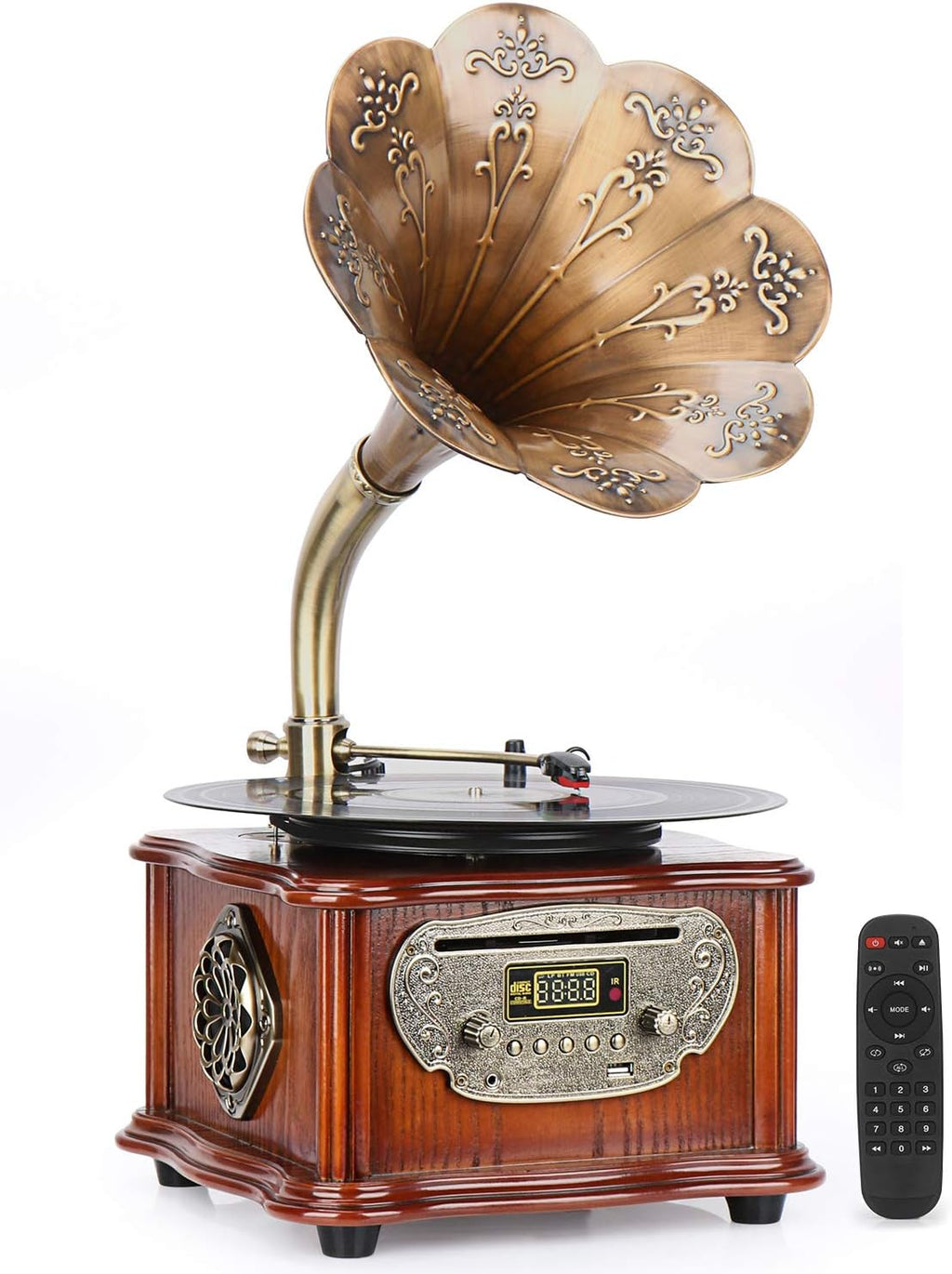 Vintage Phonograph Turntable Wireless Speaker with FM Radio, USB Port, Wood L310766