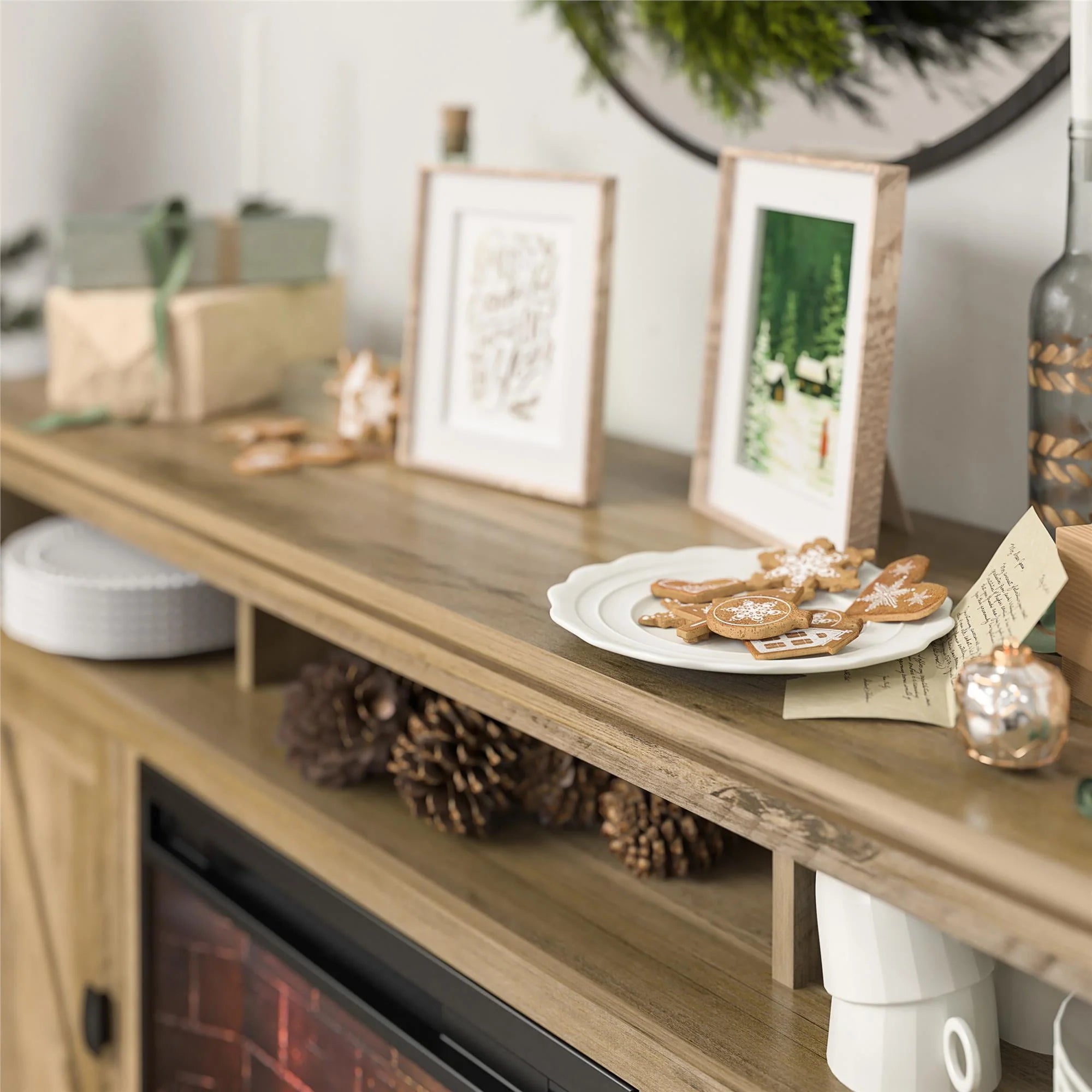 Ameriwood Home Ashton Lane Electric Fireplace TV Stand for TVs up to 65, Black Oak D206311