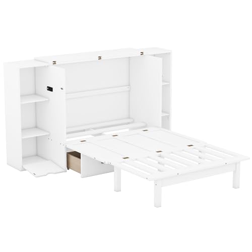 Queen Size Murphy Wall Bed with Storage and Bookcase Headboard, Solid Wood, White F901