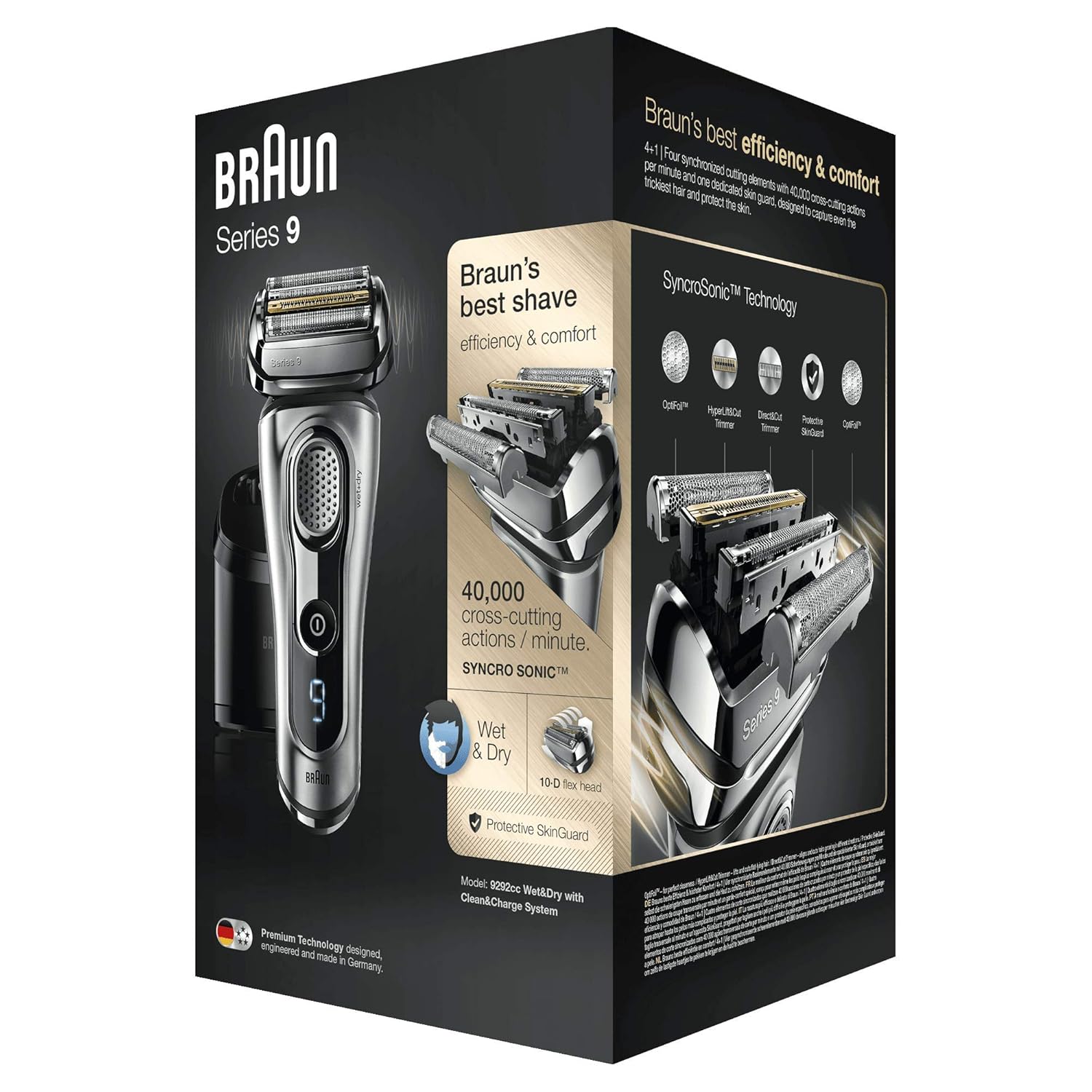 Braun Series 9 Electric Shaver for Men 9292cc, Wet and Dry, with Clean & Charge Station B3128