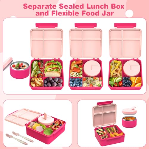 Bento Lunch Box with 8oz Soup Thermo, Kids Leakproof 4 Compartment, Pink B2720