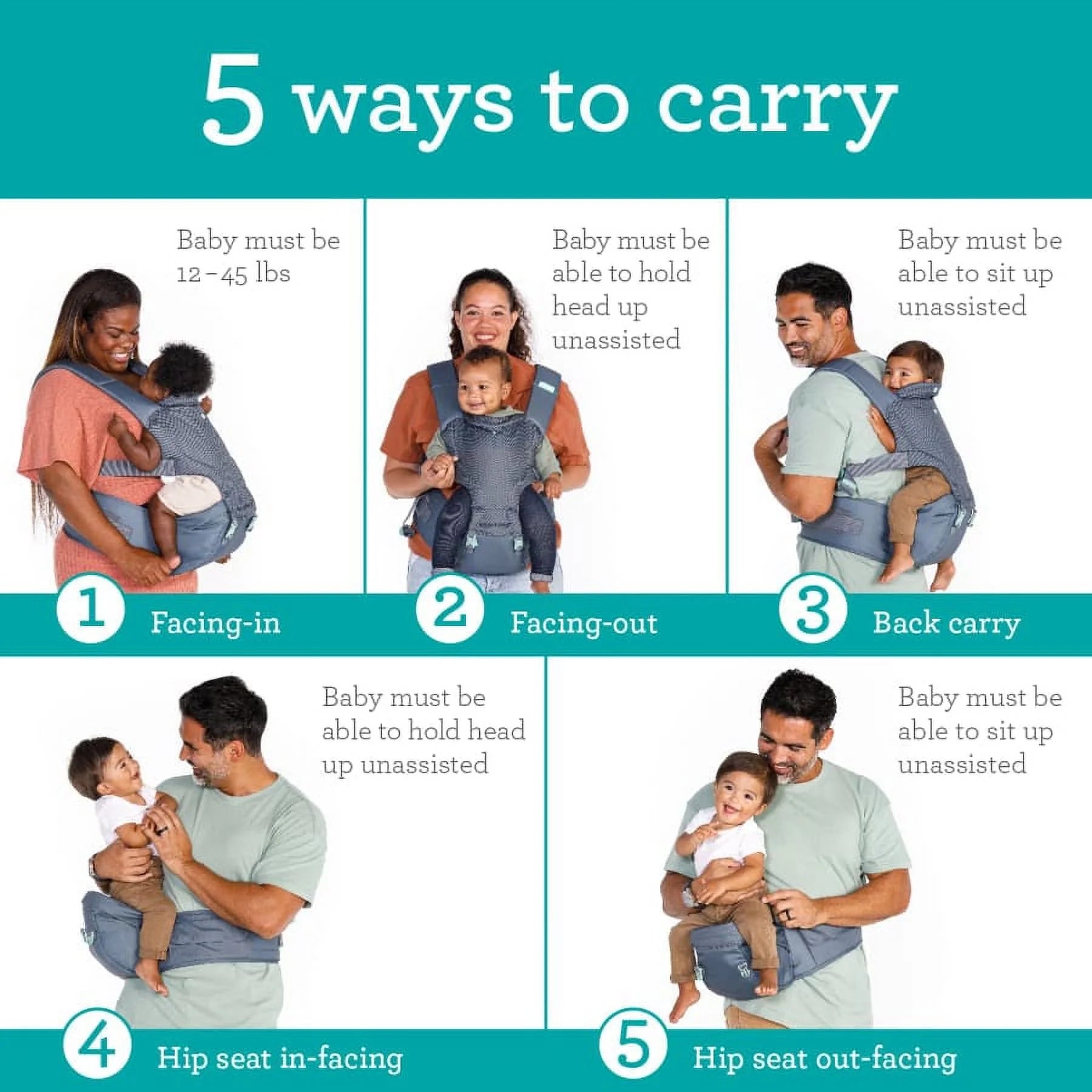 Infantino Hip Rider 5-in-1 Hip Seat Baby Carrier, Gray P620