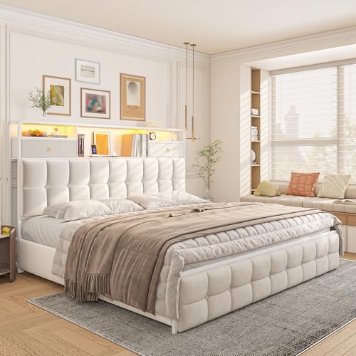 EnHomee King Size Bed Frame with 4 Drawers, Headboard, Charging Station and LED Lights, Grey I310