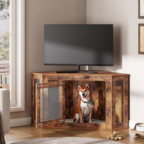 Corner Dog Crate Furniture Wooden Kennel End Table for Small Medium Dogs Greige and Black V3428
