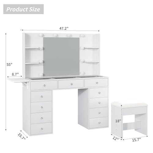55" Vanity Desk with Charging Station and Lighted Mirror, Black Z765