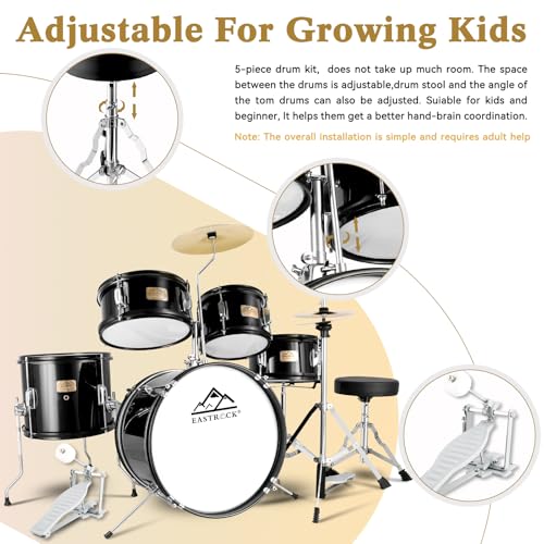 EASTROCK Kids Drum Set 5-Piece 16 Inches Junior Drum Kit with Throne, Cymbal, Pedal & Sticks U617814