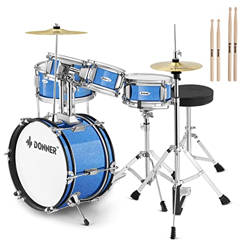 Donner 5-Piece Kid Drum Set for Beginners, 14 Inch Full Size, Metallic Black H8038