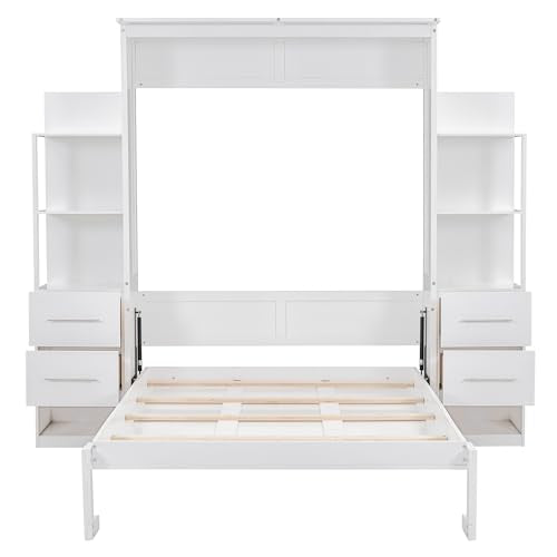MERITLINE Queen Murphy Bed with Storage Drawers, LED Lights and Shelves, Grey P714