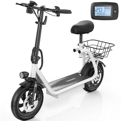 Caroma Peak 500W/800W/1200W Electric Scooter with Seat, LED Display & up to 30Miles,12" Tires Foldable Electric Scooter with Basket & Height Adjustable Seat