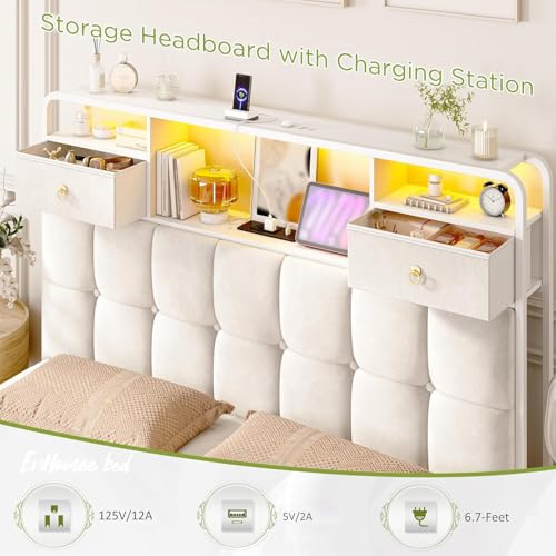 EnHomee King Size Bed Frame with 4 Drawers, Headboard, Charging Station and LED Lights, Grey I310