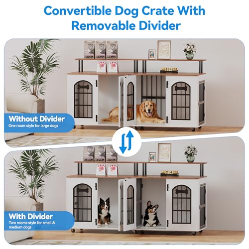 Double Dog Crate Furniture for 2 Dogs, 63" Wooden Kennel with Divider and Wheels D6553
