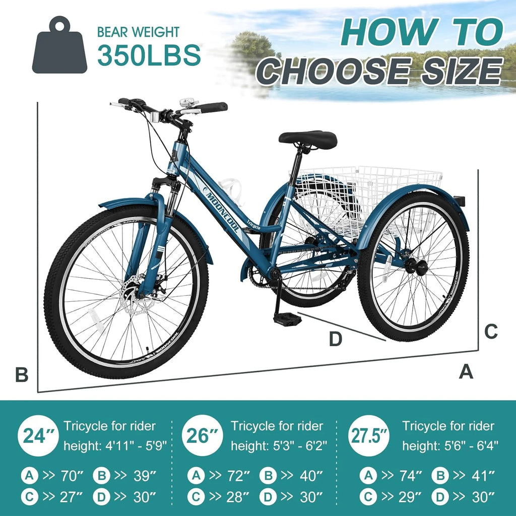 Slsy Mountain Tricycle for Adults, 7 Speed Three Wheel Bike with Cargo Basket I576
