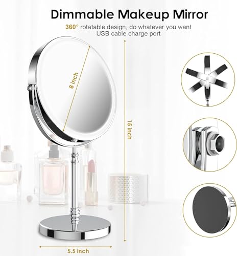 Lighted Makeup Mirror, Rechargeable Double Sided Magnifying Vanity Mirror, 3 Colors, 1x/10x F7514