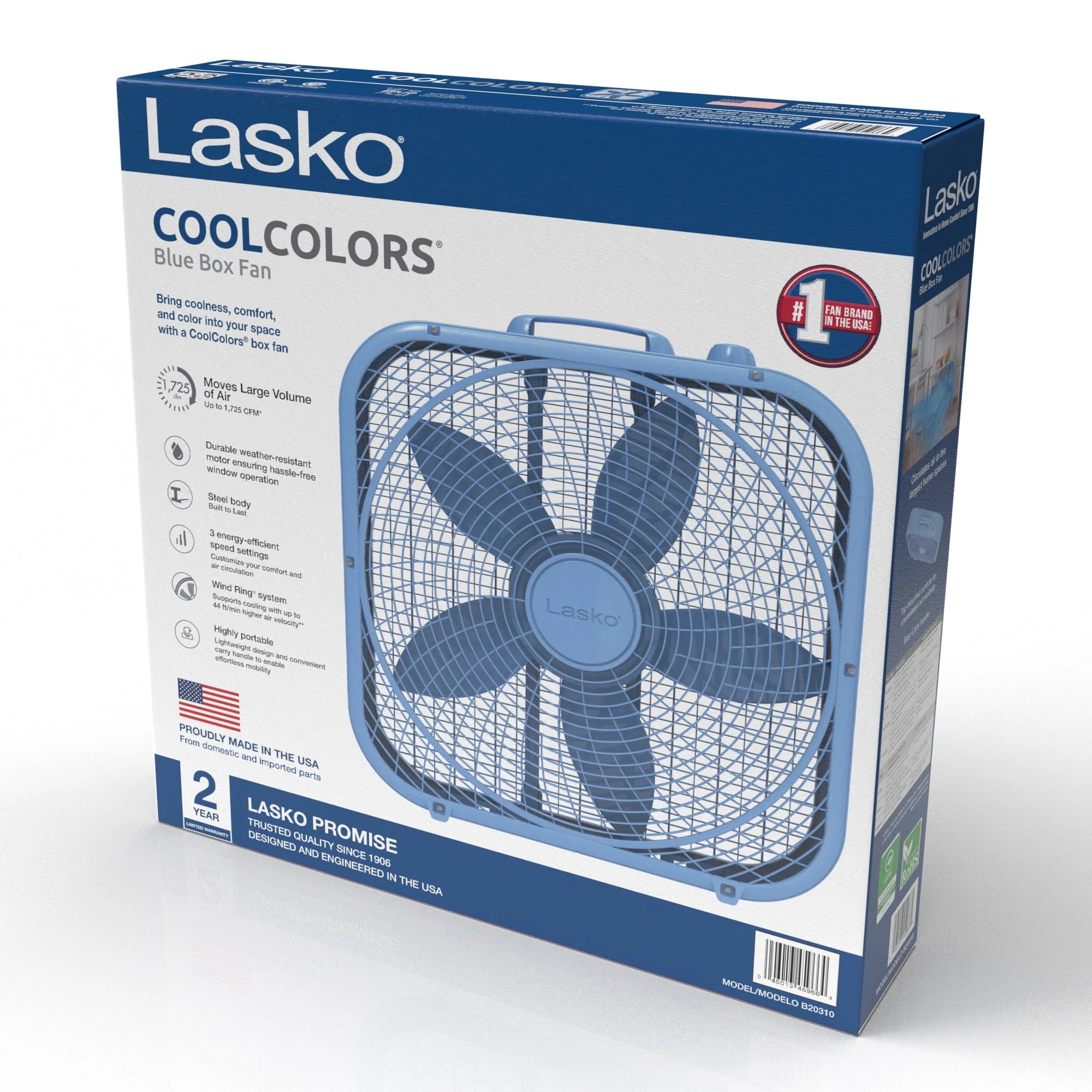 Lasko 20 Classic Box Fan with Weather-Resistant Motor, 3 Speeds, White Y945432
