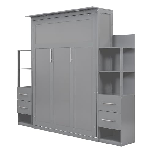 MERITLINE Queen Murphy Bed with Storage Drawers, LED Lights and Shelves, Grey P714