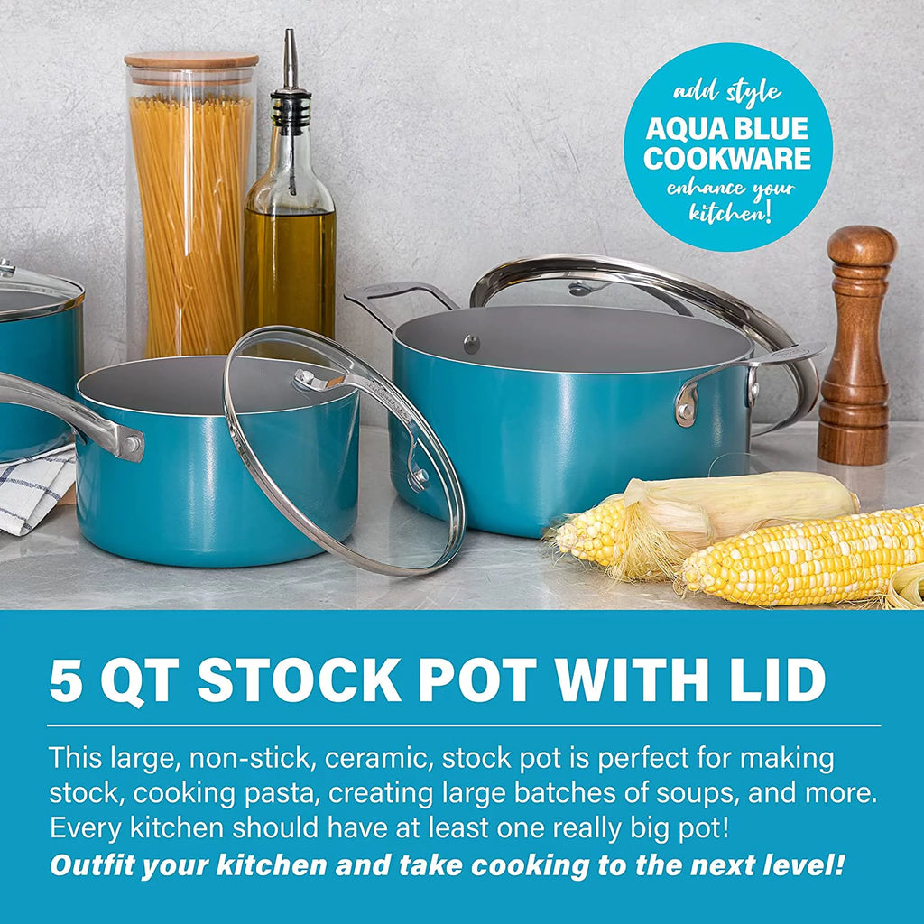 GOTHAM STEEL Aqua Blue Nonstick 5 Quart Stock Pot with Glass Lid J865491