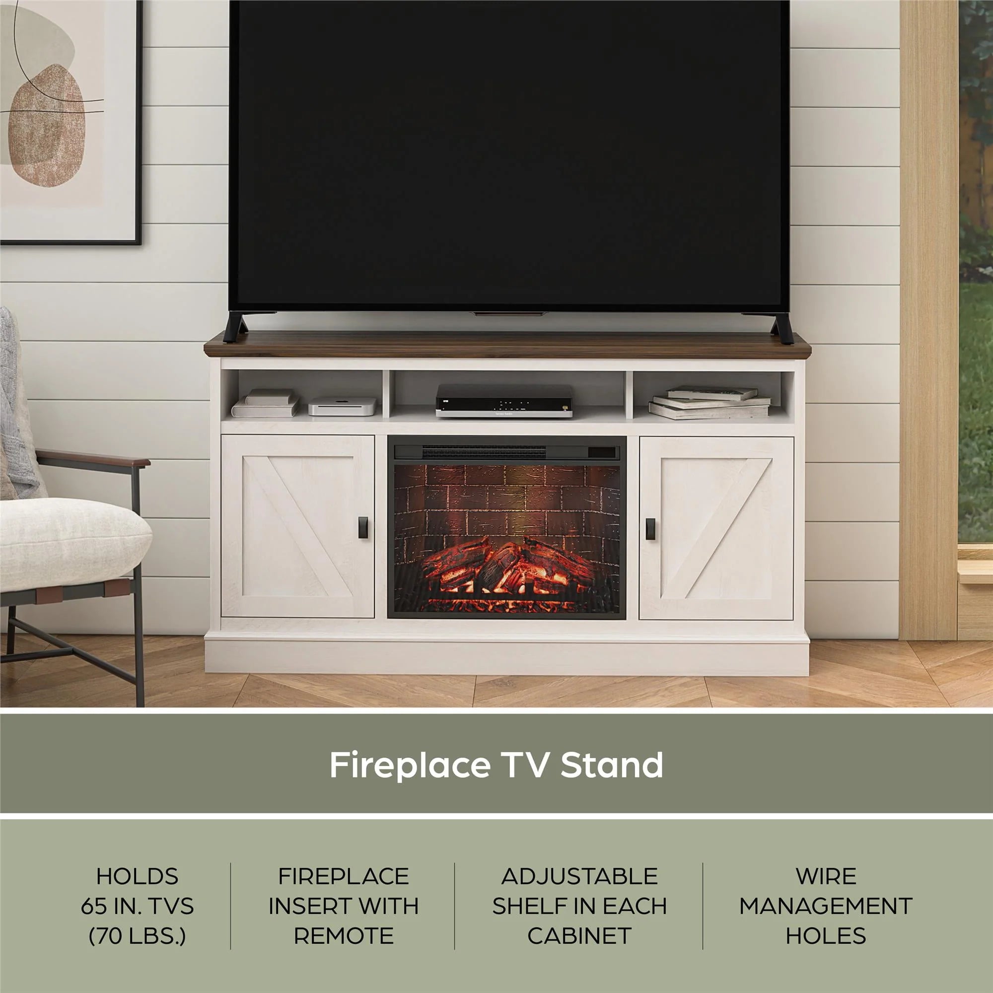 Ameriwood Home Ashton Lane Electric Fireplace TV Stand for TVs up to 65, Black Oak D206311