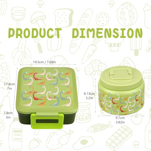 Bento Lunch Box for Kids with 5 Compartments and Thermos, Blue Dinosaur G749