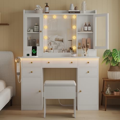 White Makeup Vanity Desk with Mirror, Lights, Storage Drawers & Chair D627