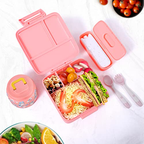 Bento Lunch Box for Kids with 5 Compartments and Thermos, Blue Dinosaur G749