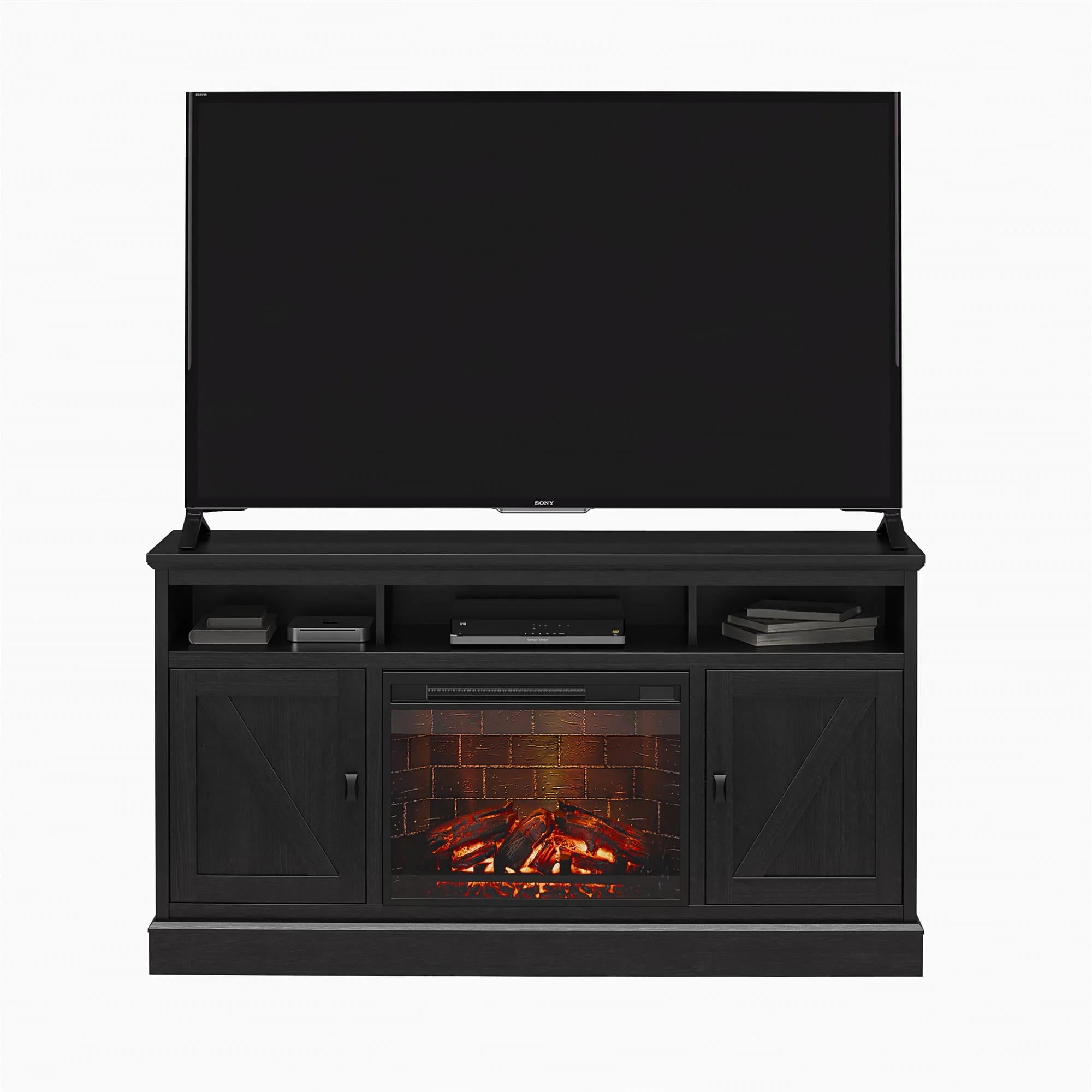 Ameriwood Home Ashton Lane Electric Fireplace TV Stand for TVs up to 65, Black Oak D206311