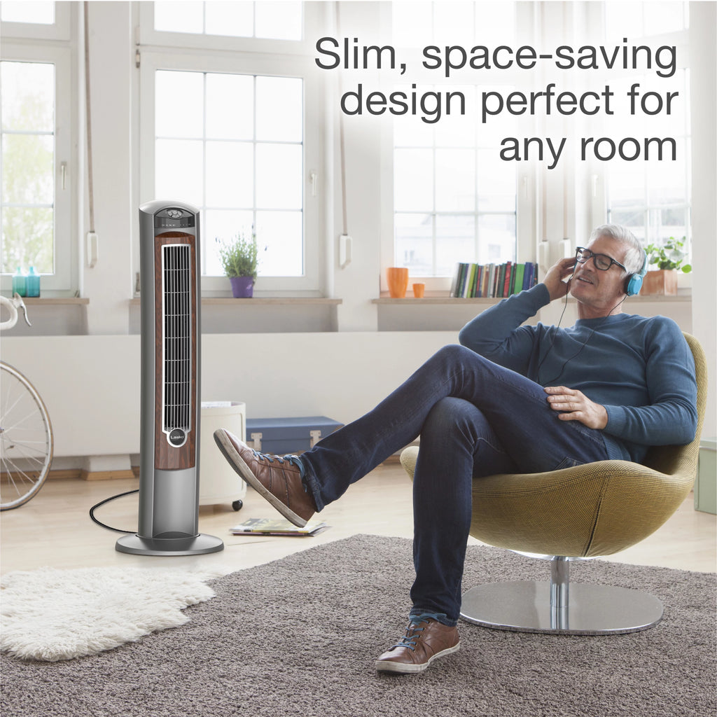 Lasko 42 Wind Curve Tower Fan with Ionizer and Remote, Gray/Woodgrain C6204