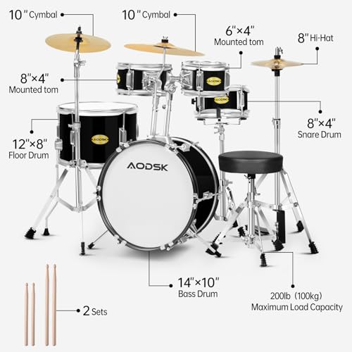 AODSK 5-Piece Kid Drum Set with Cymbal, Hi-Hat & Pedal, Black V3743