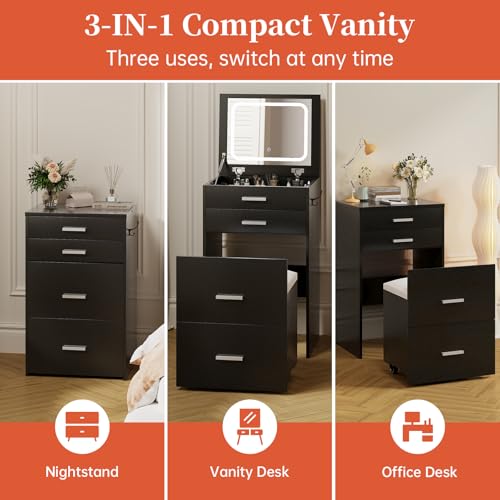Compact Vanity with 3 Drawers, Makeup Desk with Lighted Mirror and Stool, White P76418