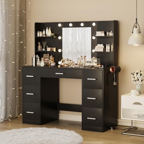 Furmax Vanity Desk with Mirror, LED Lights and Power Outlet, White O83814
