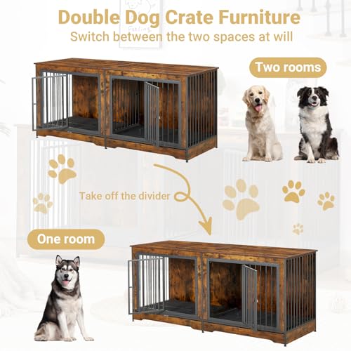 Rovibek 86" Stackable Dog Kennel Furniture with Removable Divider & 3 Doors, Rustic Brown I176