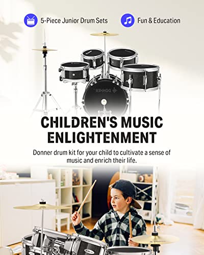 Donner 5-Piece Kid Drum Set for Beginners, 14 Inch Full Size, Metallic Black H8038