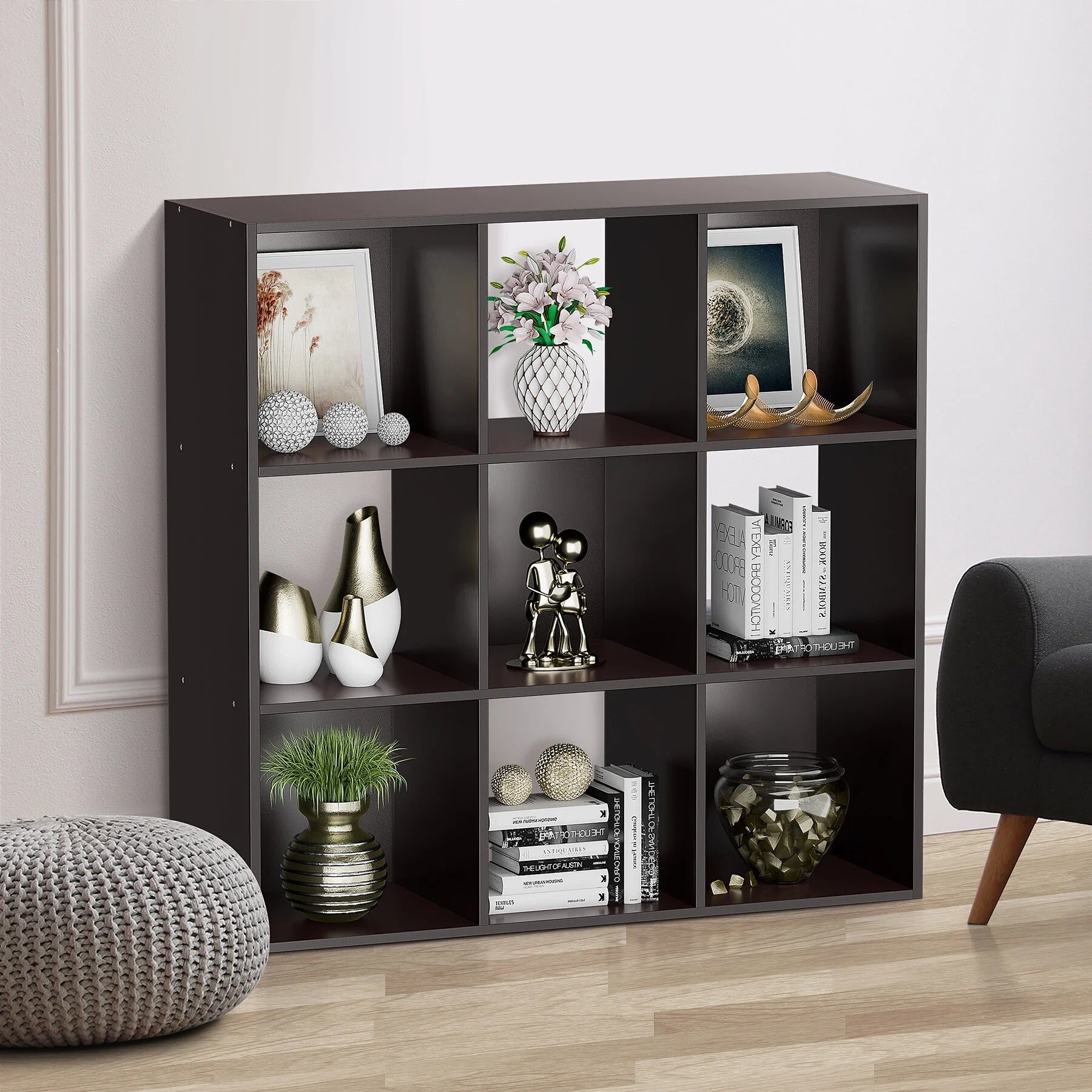 HomGarden 3-Tier 9 Cube Storage Organizer Wood Bookcase Cabinet Black A19933