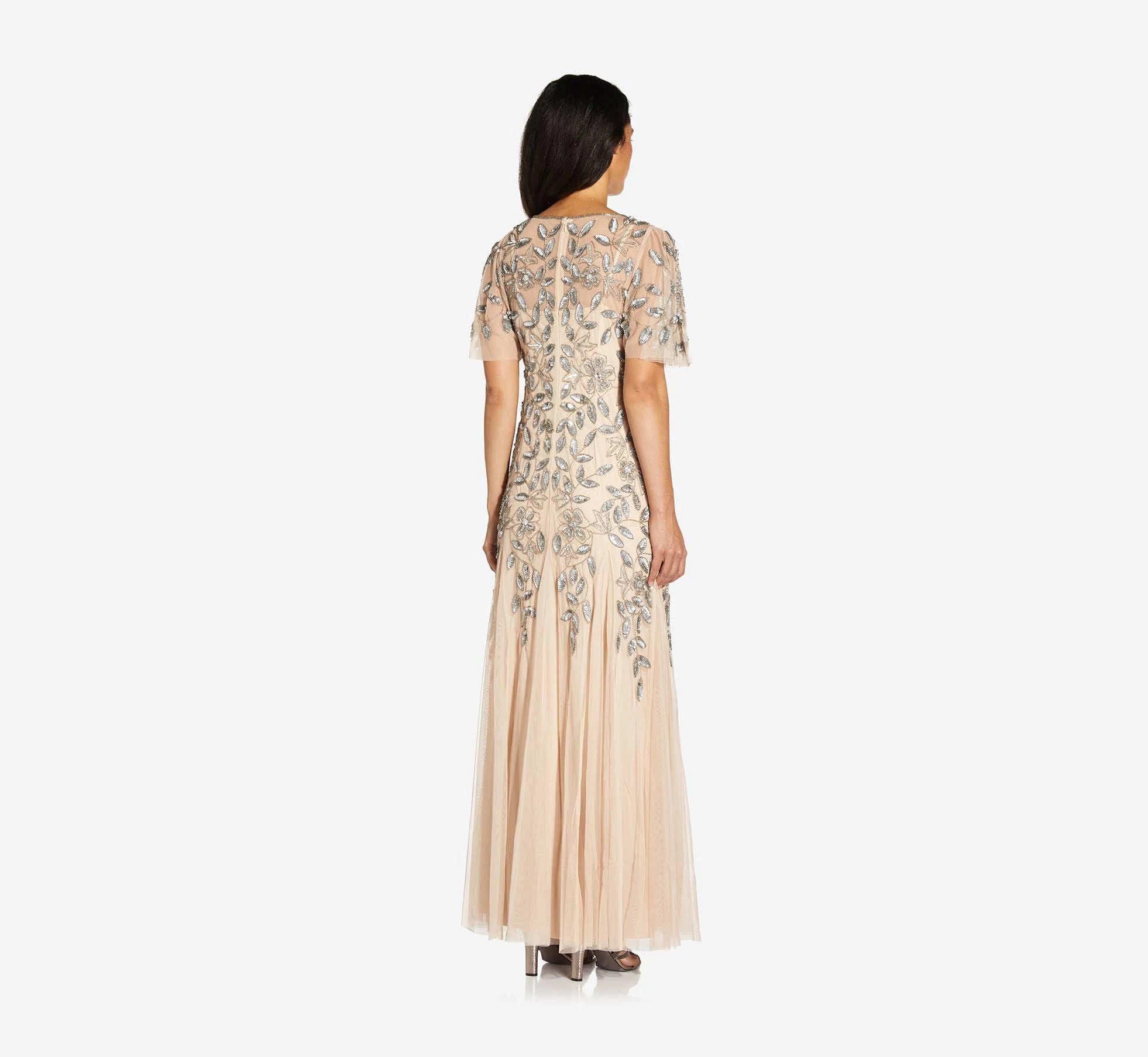 Adrianna Papell Long Floral Beaded Gown with Flutter Sleeves, Beige, Size 16 M699896