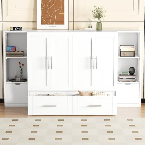 Queen Size Murphy Wall Bed with Storage and Bookcase Headboard, Solid Wood, White F901