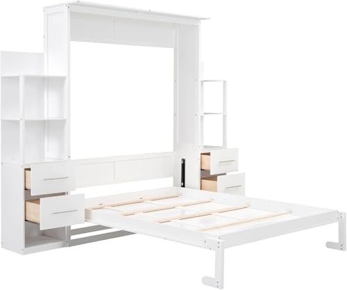 MERITLINE Queen Murphy Bed with Storage Drawers, LED Lights and Shelves, Grey P714
