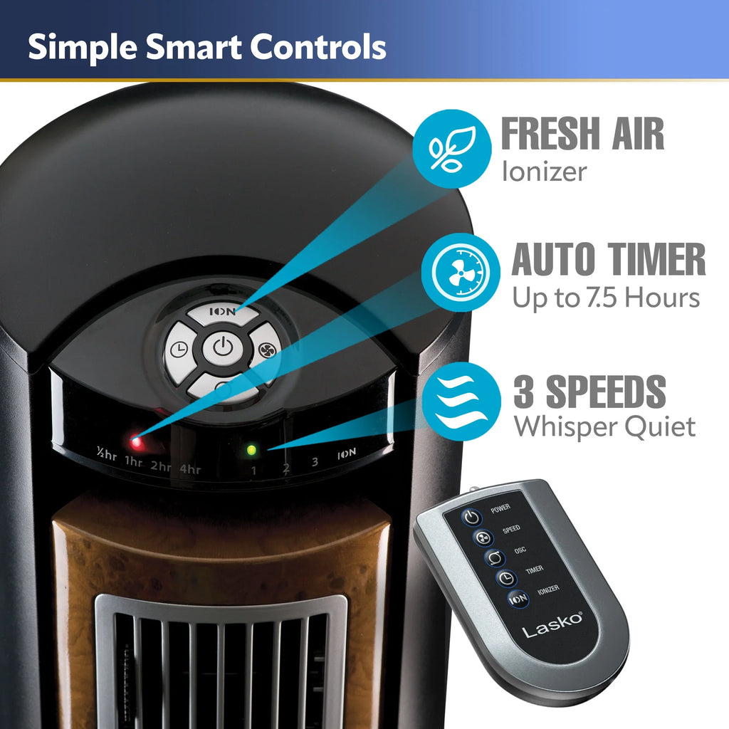 Lasko 42 Wind Curve Tower Fan with Ionizer and Remote, Gray/Woodgrain C6204