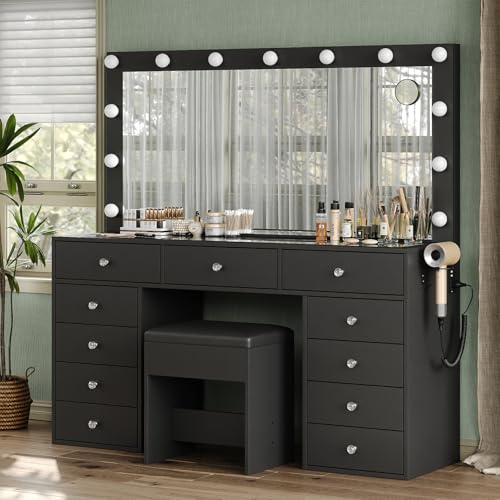 Vanity Desk with Power Outlet, LED Mirror, 11 Drawers and Chair, White H391193