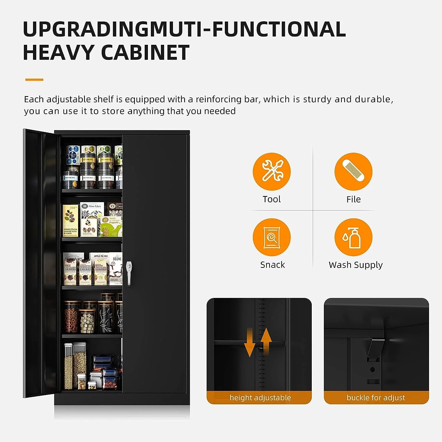 Metal Storage Cabinet with Locking Doors, 72" Tall, Black B350639