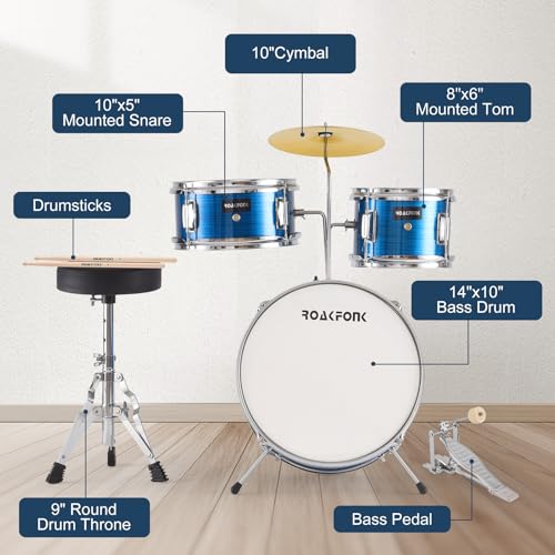 3 Piece Kids Drum Set with Throne, 14'' Bass Drum, Adjustable Seat W12582
