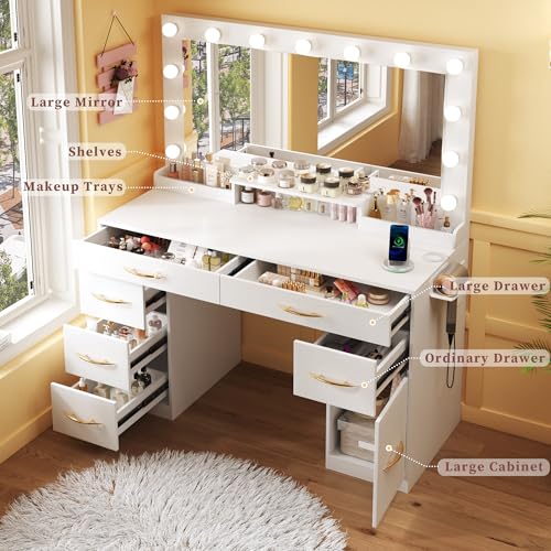 White Vanity Desk with Large Mirror and Lights I322