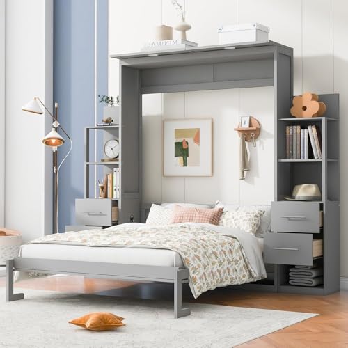MERITLINE Queen Murphy Bed with Storage Drawers, LED Lights and Shelves, Grey P714
