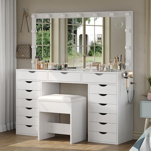 White Vanity Desk with Mirror, Lights, Charging Station and Chair C61521