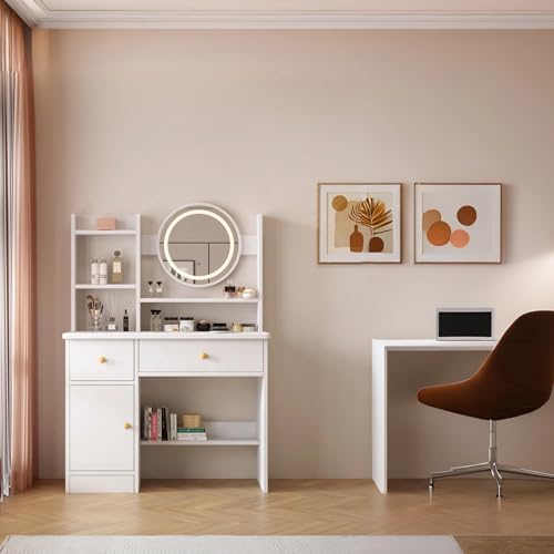 Vanity Desk with Mirror and Lights, 3 Lighting Modes, White T175312